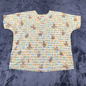 Curious George Scrub Top Womens XXL Yellow All Over Print V-Neck Pockets